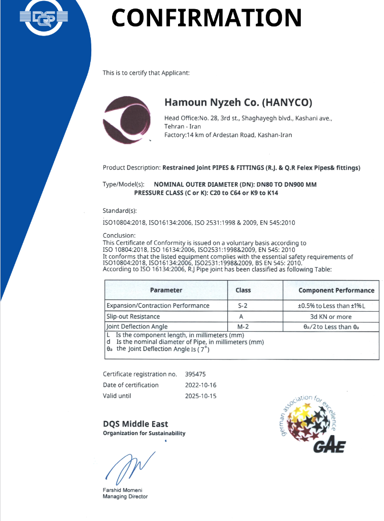 arthquake-Resistant DI Pipe, R.J. Pipe/standard certificate1-Hanyco